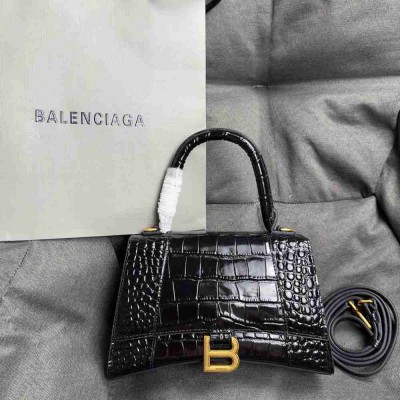 Balenciaga Hourglass Small Bag in Black Crocodile Embossed Calfskin