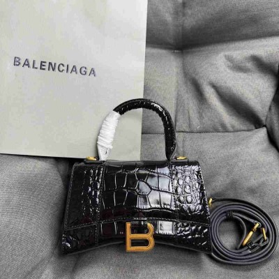 Balenciaga Hourglass XS Bag in Black Crocodile Embossed Calfskin