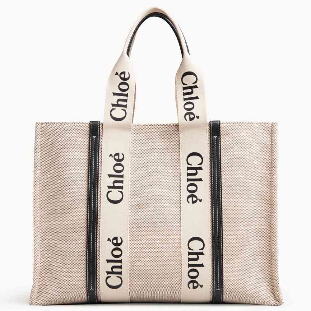 Chloe Large Woody Tote Bag in Canvas with Blue Leather Strips