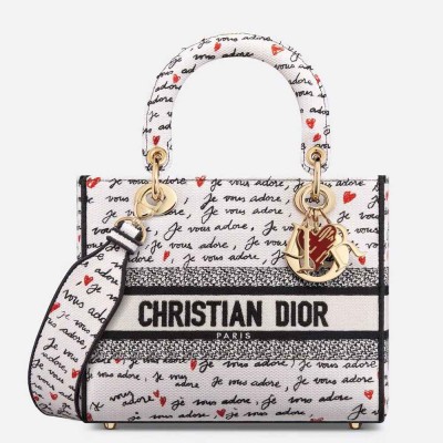 Dior Lady D-Lite Medium Bag in White and Red Je Vous Adore Motif