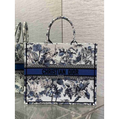 Dior Large Book Tote Bag in Denim Blue Dior Chardons Embroidery