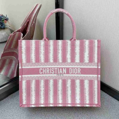 Dior Large Book Tote Bag In Pink Stripes Embroidery