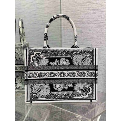 Dior Medium Book Tote Bag in Black and White Butterfly Bandana Embroidery