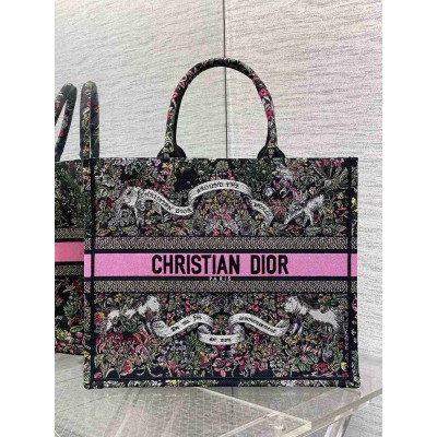 Dior Medium Book Tote Bag in Black Dior Around the World Embroidery