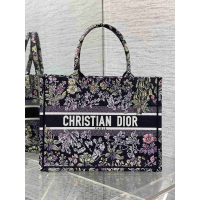 Dior Medium Book Tote Bag in Black Millefiori Unicorn Embroidery