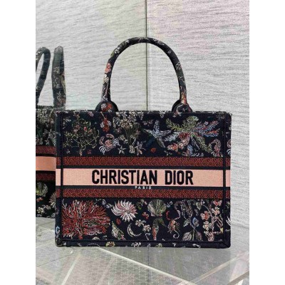 Dior Medium Book Tote Bag in Black Raffia with Dior Cabinet de Curiosites