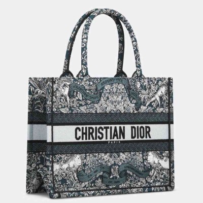 Dior Medium Book Tote Bag in Blue Dior Around the World Embroidery