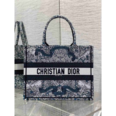 Dior Medium Book Tote Bag in Blue Dior Around the World Embroidery