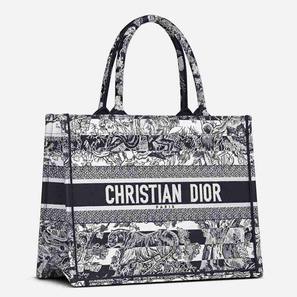 Dior Medium Book Tote Bag In Blue Toile de Jouy Stripes Embroidery