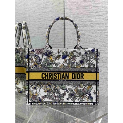 Dior Medium Book Tote Bag in Embroidery with Yellow Dior Chardons Motif