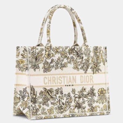 Dior Medium Book Tote Bag in Gold Millefiori Unicorn Embroidery