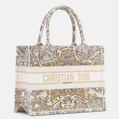 Dior Medium Book Tote Bag in Gold-Tone Dior Around the World Embroidery