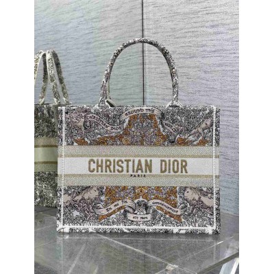 Dior Medium Book Tote Bag in Gold-Tone Dior Around the World Embroidery