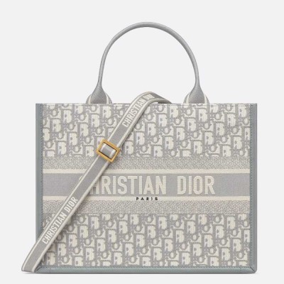 Dior Medium Book Tote Bag with Strap in Oblique Embroidery and Grey Calfskin