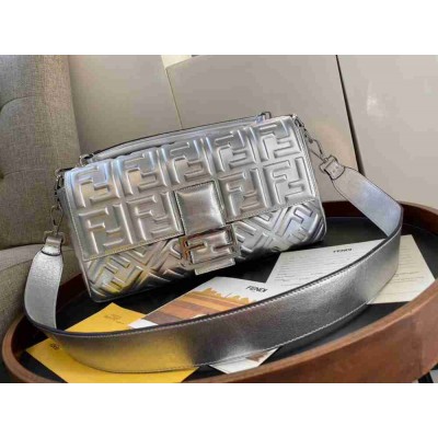 Fendi Baguette Large Bag In Silver Lambskin With FF Motif