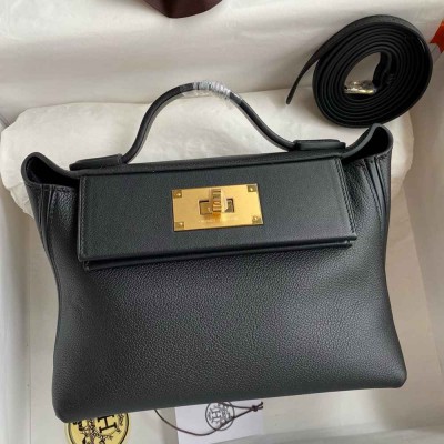 Hermes 24 24 Mini 21 Handmade Bag in Black Evercolor Leather