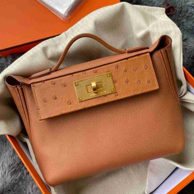 Hermes 24 24 Mini 21 Touch Bag in Gold Evercolor and Ostrich Leather