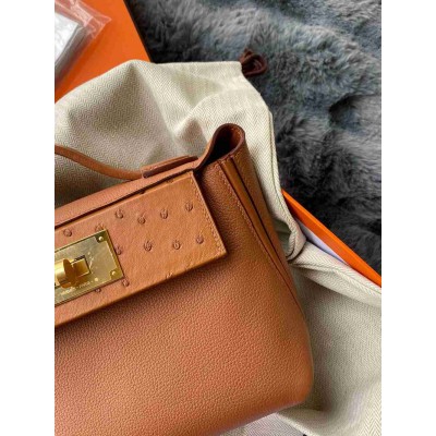 Hermes 24 24 Mini 21 Touch Bag in Gold Evercolor and Ostrich Leather