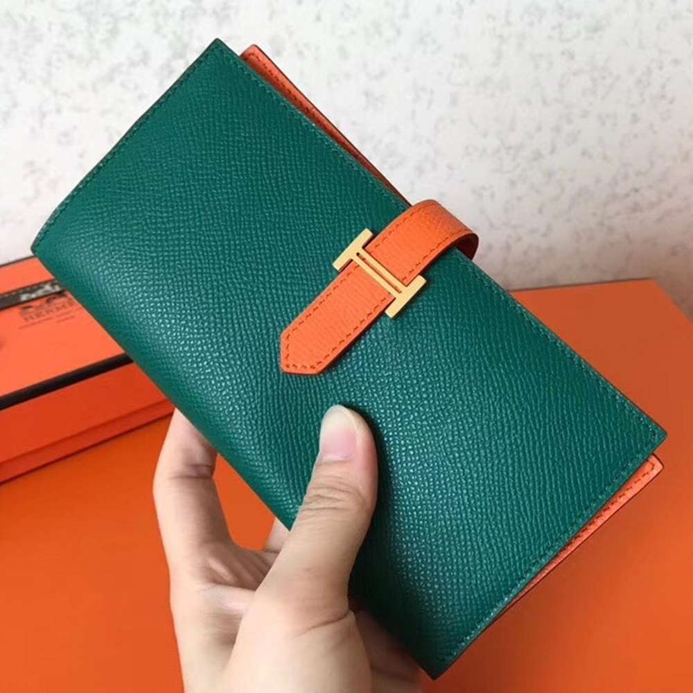 Hermes Bi-Color Epsom Bearn Wallet Malachite Orange