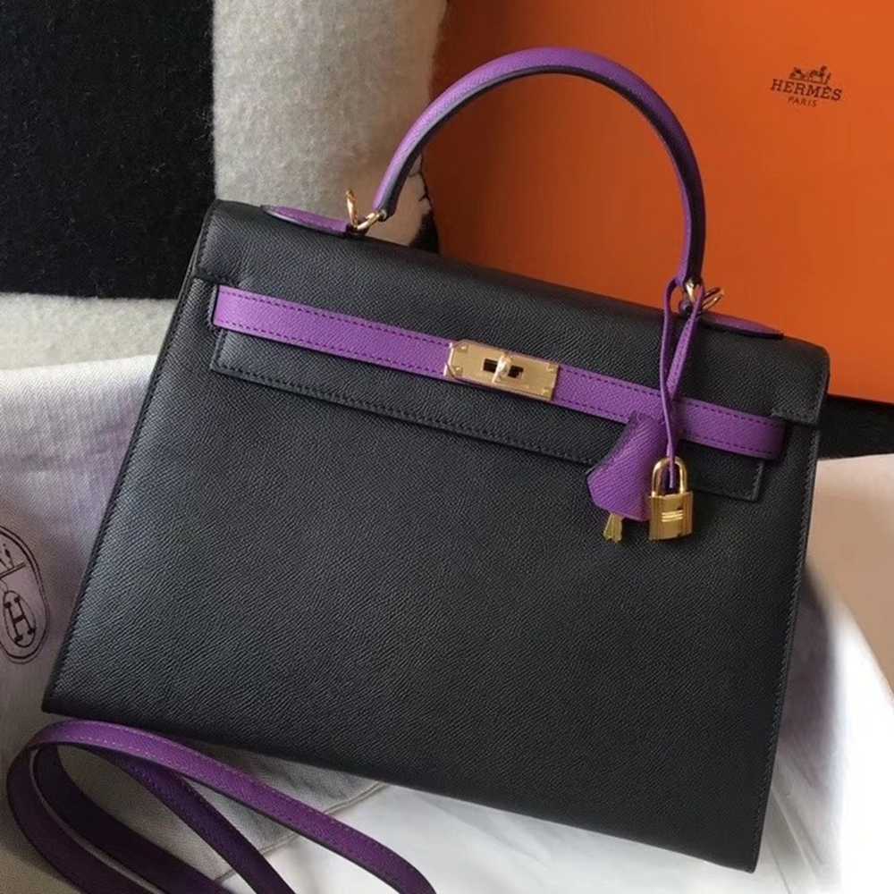 Hermes Bi-color Kelly 32cm Epsom Bag Black Purple GHW
