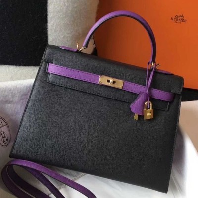 Hermes Bi-color Kelly 32cm Epsom Bag Black Purple GHW