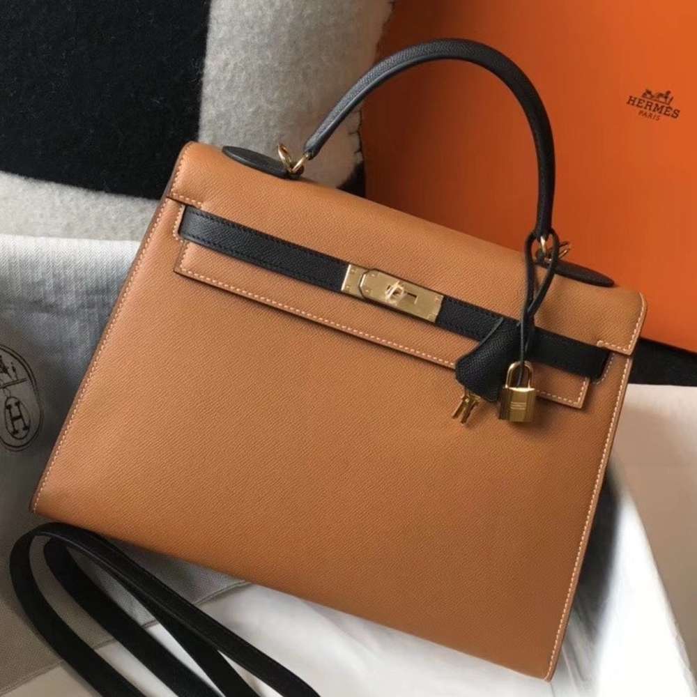 Hermes Bi-color Kelly 32cm Epsom Bag Gold Black GHW