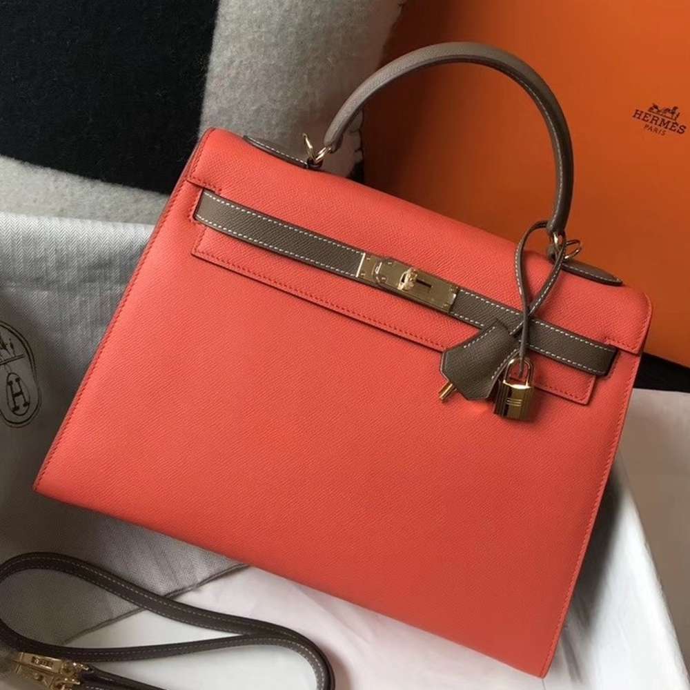Hermes Bi-color Kelly 32cm Epsom Bag Piment Taupe GHW