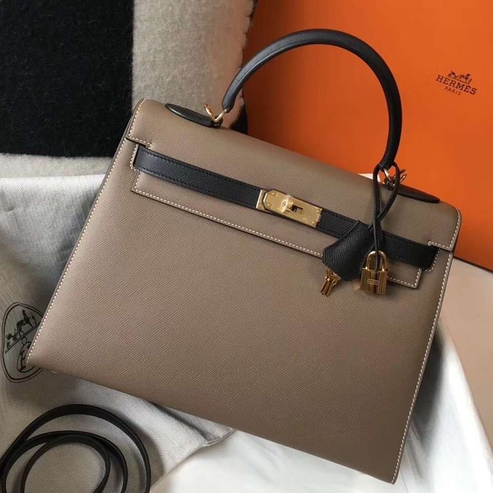 Hermes Bi-color Kelly 32cm Epsom Bag Taupe Black GHW