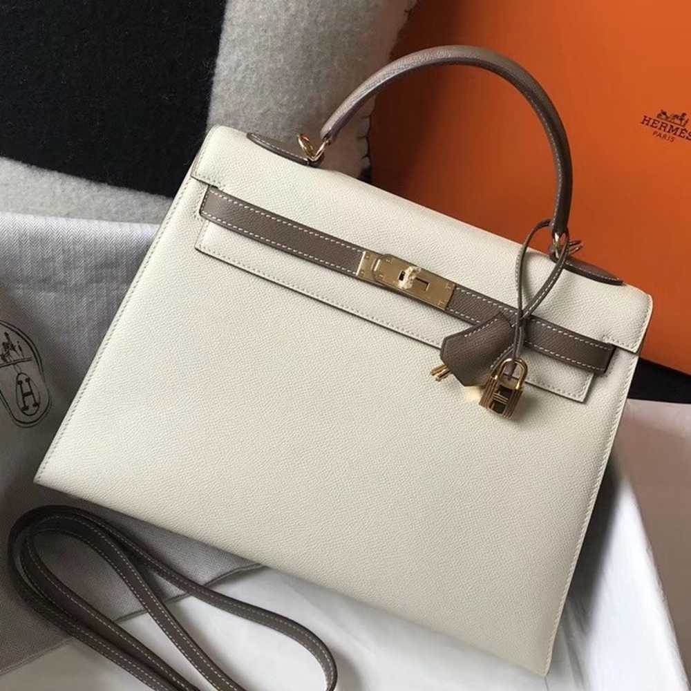 Hermes Bi-color Kelly 32cm Epsom Bag White Taupe GHW