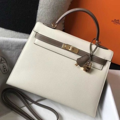 Hermes Bi-color Kelly 32cm Epsom Bag White Taupe GHW