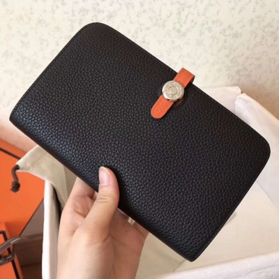 Hermes Bicolor Dogon Duo Wallet In Black Orange Leather