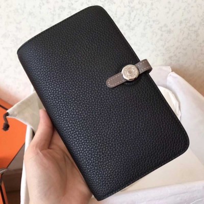 Hermes Bicolor Dogon Duo Wallet In Black Taupe Leather