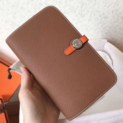 Hermes Bicolor Dogon Duo Wallet In Brown Orange Leather