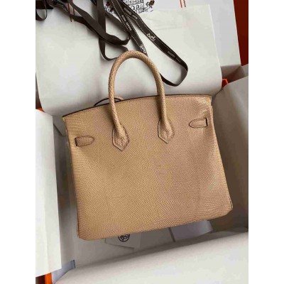 Hermes Birkin 25 Retourne Handmade Bag In Beige Lizard Leather