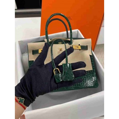 Hermes Birkin 30cm Bag In Green Crocodile Porosus Shiny Skin