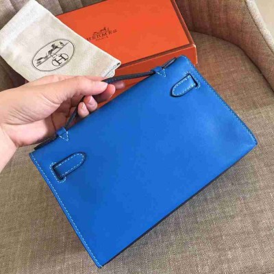 Hermes Blue Kelly Pochette Swift Handmade Bag