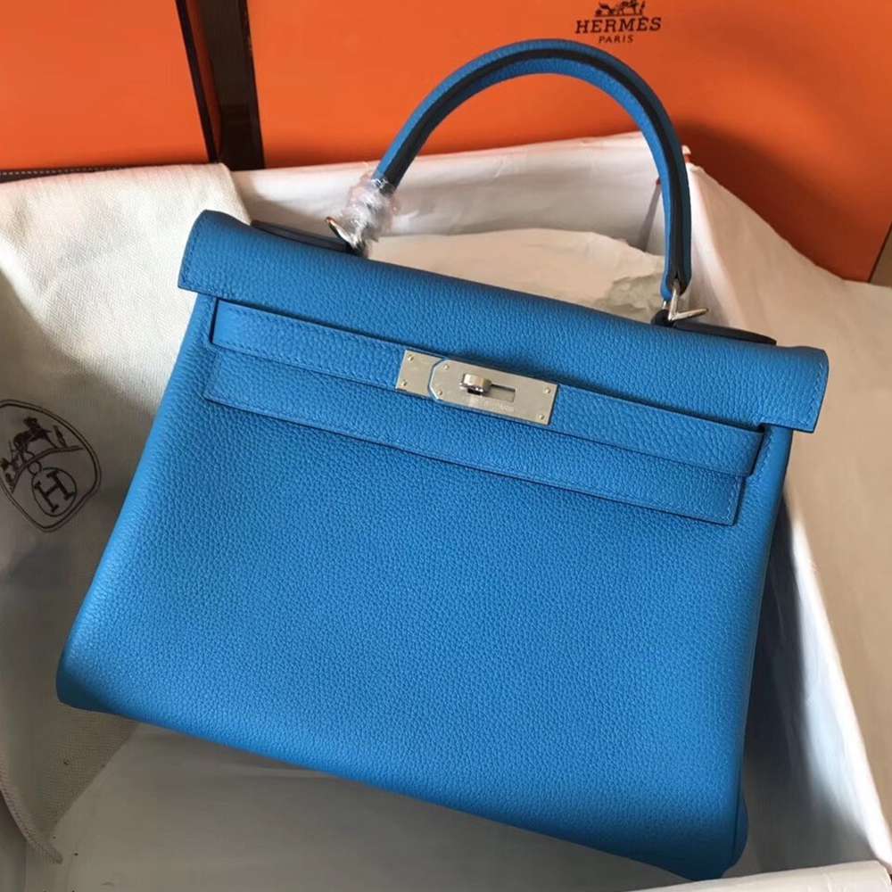 Hermes Blue Zanzibar Clemence Kelly 28cm Handmade Bag