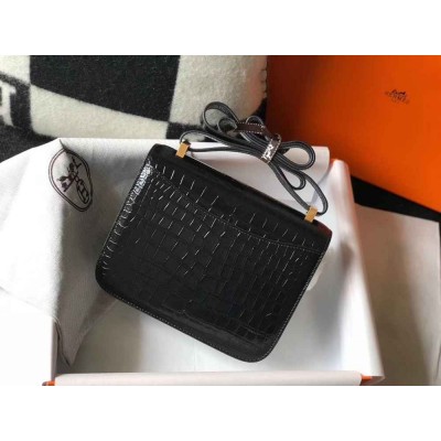 Hermes Constance 18cm Bag In Black Embossed Crocodile