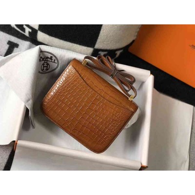 Hermes Constance 24cm Bag In Brown Embossed Crocodile
