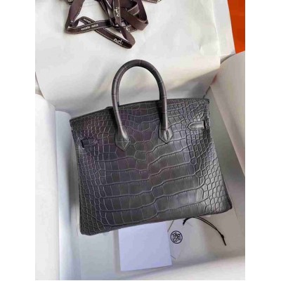 Hermes Dark Grey Birkin 25cm Matte Alligator Crocodile Skin Bag