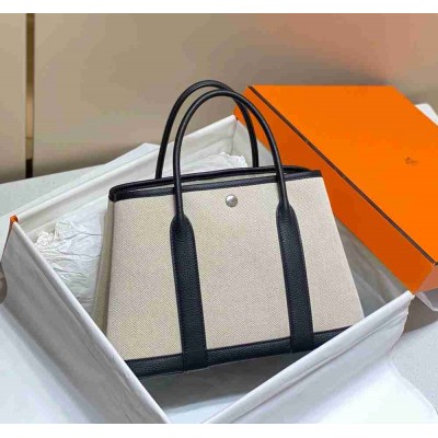 Hermes Garden Party 30cm Bag in Toile and Black Leather