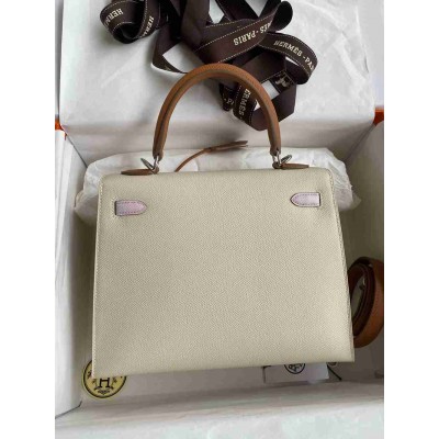 Hermes HSS Kelly 25 Sellier Bag in Craie Gold Mauve Pale Epsom Calfskin