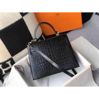Hermes Kelly 28cm Bag In Black Embossed Crocodile GHW