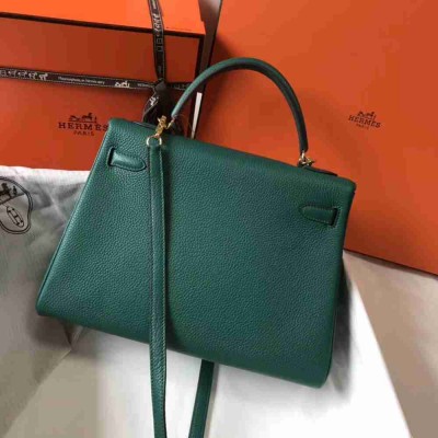 Hermes Kelly 32cm Retourne Bag In Malachite Clemence Leather