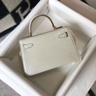 Hermes Kelly Mini II Bag In Beton Embossed Crocodile Calfskin
