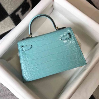 Hermes Kelly Mini II Bag In Blue Atoll Embossed Crocodile Calfskin