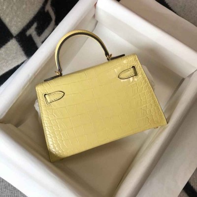 Hermes Kelly Mini II Bag In Jaune Poussin Embossed Crocodile Calfskin