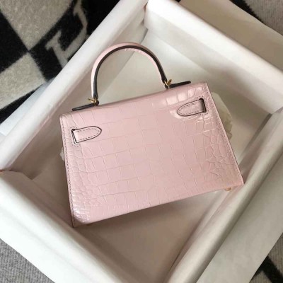 Hermes Kelly Mini II Bag In Rose Dragee Embossed Crocodile Calfskin