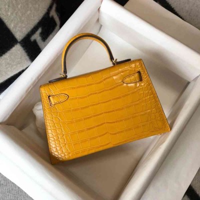 Hermes Kelly Mini II Bag In Yellow Embossed Crocodile Calfskin