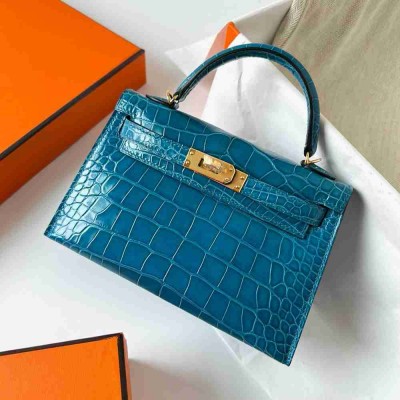 Hermes Kelly Mini II Sellier Handmade Bag in Blue Izmir Shiny Alligator Leather